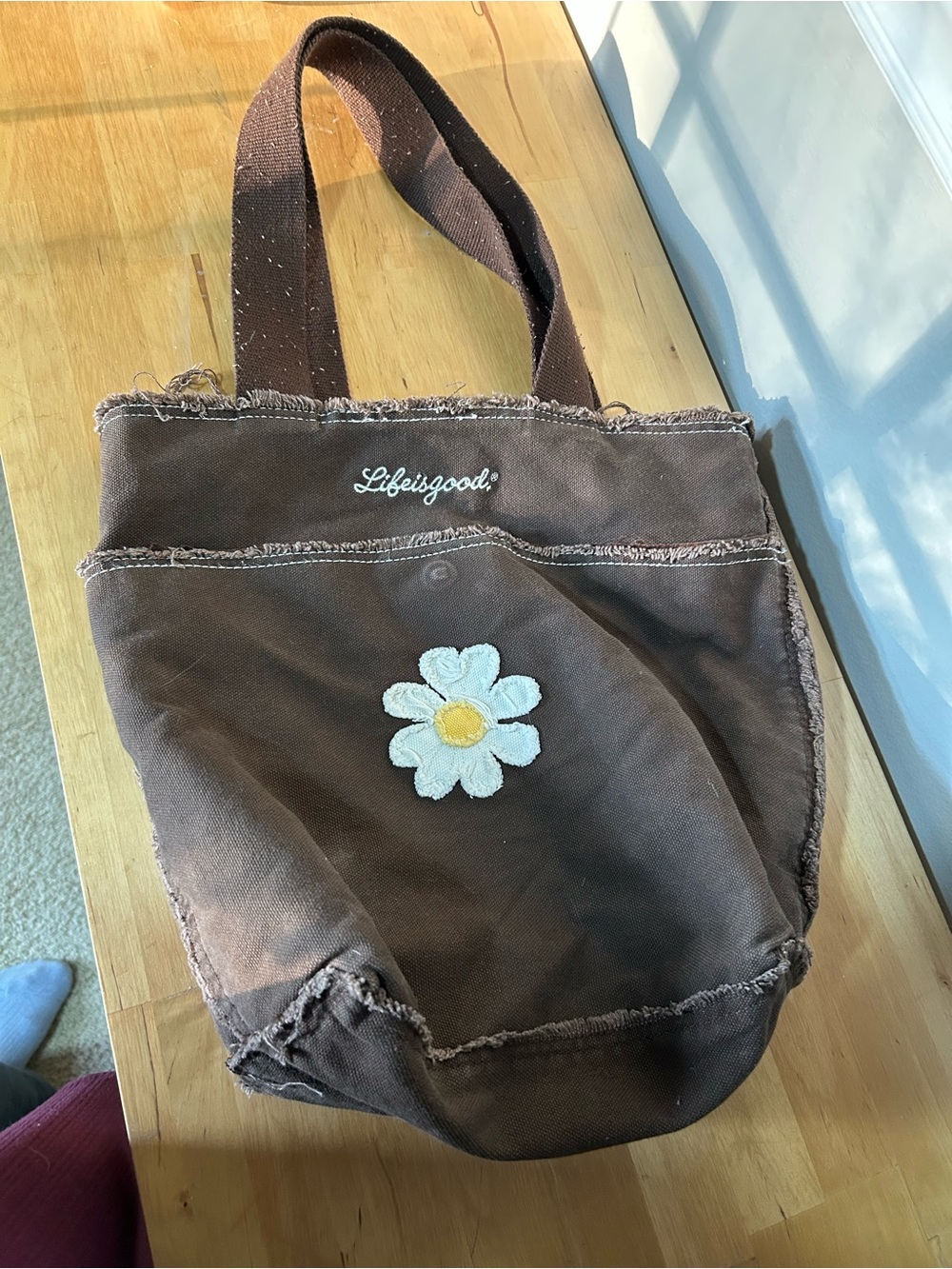Life Is Good Brown Canvas Tote with Daisy Patch